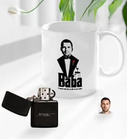 BK Gift Kişiye Özel Babalar Günü Hediyesi Godfather Baba Tasarımlı Kupa Bardak ve Benzinli Çakmak Seti-3 (Model 1)