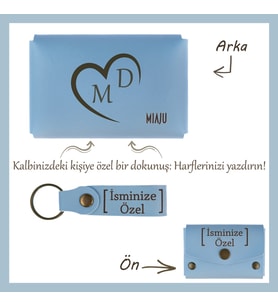 Açık Mavi, Bir Kalp, Bir Sevda! Sevgilinize Özel Tasarım İsme ve Harfe Özel Cüzdan & Anahtarlık Seti