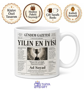 Gazete Manşeti Tasarımlı Yılın En İyisi Kişiye Özel Kupa Bardak Hediye