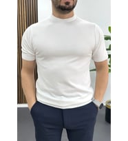 Erkek Düz Desen Bisiklet Yaka Tişört Beyaz Edw459