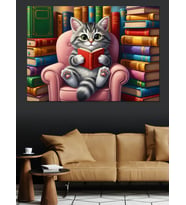 Kitap Okuyan Kedi Çizimi Dekoratif Kanvas - Mdf Ahşap Tablo