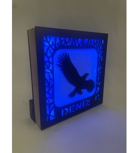 Beşiktaş Taraftara Özel Kartal Tasarımlı Kişiye Özel Işıklı Ahşap Gece Lambası - 14x14 cm (Kristal Mavi)