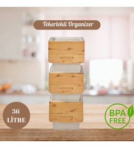 Motek Patateslik Soğanlık Sepeti Oyuncak Kutusu Tekerlekli Organızer Çok Amaçlı Kutu 3X12Lt-Bambu+Krem