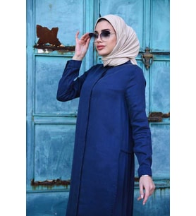 6425-Denim Büzgülü Katlı elbise Lacivert