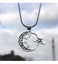 Göktürkçe Türk Yazılı Ayyıldız Gümüş Erkek Kolye (Siyah)
