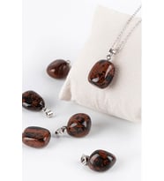 Sertifikalı Tımbıl Model Kahverengi Obsidyen Taşı Kolye (GÜMÜŞ APARATLI) (Çok Renkli)