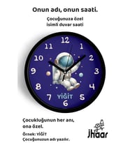 İsme Özel Astronot Çocuk Odası Duvar Saati Orta Boy 30 cm Siyah Camlı Sessiz