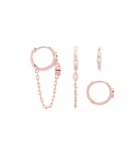 İKİLİ ZİNCİRLİ TAŞLI KOMBİN 925 AYAR GÜMÜŞ ROSE HALKA KÜPE