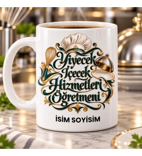Kişiye Özel Yiyecek İçecek Hizmetleri Öğretmeni Aşçı Şapkası ve Servis Kapağı Desenli Kupa Bardak