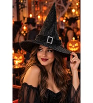 Halloween Siyah Simli Cadı Şapkası 32 cm Taşlı Tokalı Kemerli Cadılar Bayramı Kostüm Aksesuarı