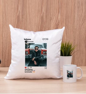 Kişiye Özel İnstagram Tasarım Fotoğraflı Kare Yastık ve Beyaz Kupa