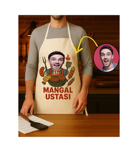 Kişiye Özel Karikatür Fotoğraflı ve İsimli Mutfak Önlüğü Mangal Ustası (Krem)