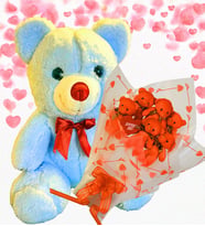 Sevimli 35 cm Peluş Ayı ile Premium Yumoş Kırmızı Peluş Ayıcık Buketi Açık Mavi
