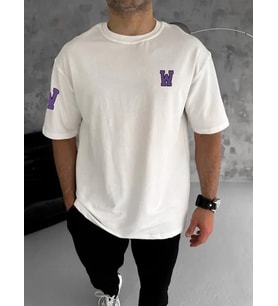 pilelistore- Unisex Bisiklet Yaka Baskılı Oversize T-Shirt - Beyaz