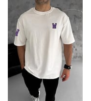 pilelistore- Unisex Bisiklet Yaka Baskılı Oversize T-Shirt - Beyaz