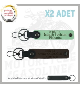 Motor Tutkunlarına Özel, İsim Plaka ve B Rh (-) Kan Grubu Yazılı x2 Anahtarlık, Yeşil-K Kahve-Syh (Çok Renkli)