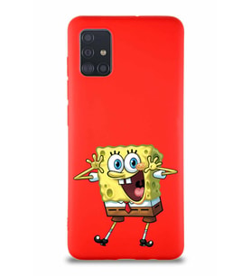Samsung Galaxy A51 Soft Premier Kapak Sünger Bob Tasarımlı Silikon Kılıf - Kırmızı (Şeffaf)