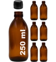 Amber Ecza Şişesi, 250 ml, Kahverengi Cam, Plastik Contalı Kilit Kapak, Hava ve Sıvı Sızdırmaz, 28mm Ağız Çaplı, Parfüm Demlemek İçin Uygun, 6 Adet (250, Siyah Kapak)