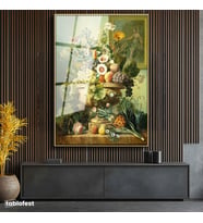 Altın Renk Metal Çerçeveli Tamperli Cam Tablo Jan van Huysum Meyve ve Çiçekler Ananaslı Vazoda Ressam Tablosu Dekoru