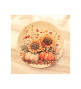 24 cm Balkabağı ve Ayçiçek Desenli Seramik Duvar Tabağı, Dekoratif Tabak, Hediyelik