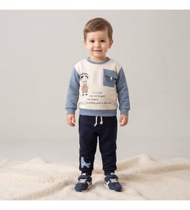 Erkek Bebek Ceoli- Şapkalı Çocuk Baskılı 2 Li Takım - 9 AY / MAVİ