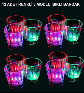 Led Işıklı Eğlence Bardakları - 3 Modlu Renk Değiştiren Bardak 12 Adet