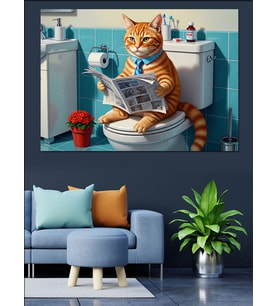 Tuvalette Gazete Okuyan Kedi Dekoratif Kanvas - Mdf Ahşap Tablo