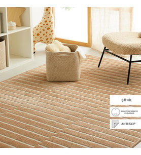 Ocean Home Textile Bej Renk Çizgi Desenli Şönil Halı Kilim 120 x 180 cm