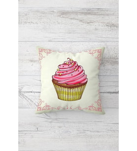 Cupcake Desenli Çift Tarafı Baskılı Gizli Fermuarlı Yastık Kılıfı Kırlent Koltuk Yastık Kılıfı (Beyaz-Pembe)