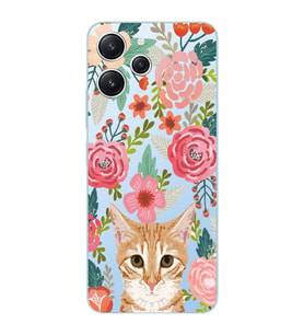 Xiaomi REDMI 12 Uyumlu Kedi ve Çiçek Desenli Şeffaf Telefon Kılıfı