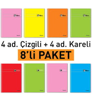 Lexroo A4 Okul Defteri Spiralli 144 Sayfa Dayanıklı PP Kapak 8'li Paket