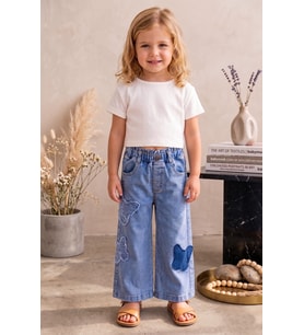 Kelebek İşlemeli Denim Kız Çocuk Kot pantolon