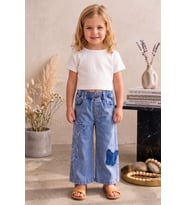 Kelebek İşlemeli Denim Kız Çocuk Kot pantolon