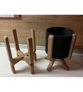 3D Baskı Ayaklı Çizgili Saksı - Bej Standlı Dekoratif Saksı - Siyah