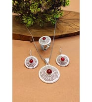Akik Taşlı Kadın 925 Ayar Gümüş Set Kolye Küpe Yüzük AKS-2036