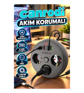 Akım Korumalı Çoklu Priz – 3 Priz 3 USB 1 Type-C 2 Metre Uzatma Kablosu