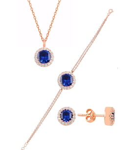 Söğütlü Silver Gümüş rose zirkon ve  safir taşlı pırlanta modeli üçlü set