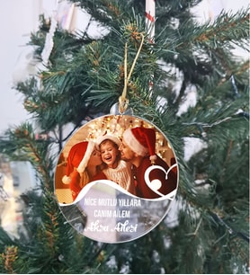BK Gift Kişiye Özel Aile Şeffaf Pleksi Yılbaşı Ağaç Süsü- 1, Yeni Yıl Hediyesi, Fotoğraflı & Mesajlı Ağaç Süsü