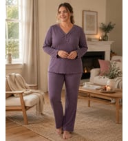 Derya Kadın Büyük Beden Dantel Yaka Bambu Uzun Kol İnce Pijama Takımı 8142L - 1 Adet