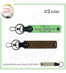 Bikera Özel Tasarım, İsim Plaka ve 0 Rh (-) Kan Grubu Yazılı x2' li Anahtarlık Set, Kahve-F Yeşil-SK (Çok Renkli)