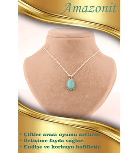 Amazonit Doğal Taş Gümüş Çerçeveli ve Zincirli Kolye Ucu M370