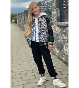 Kız Çocuk V Cool Yazı Baskılı Sweatshirt Zebra ve Gold Şerit Detaylı Deri Eşofma