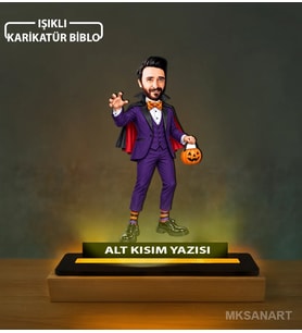 Kişiye Özel Mor Vampir Kostümü Balkabağı Karikatürlü 14 cm MDF Işıklı Biblo - Kişiye Özel Hediye