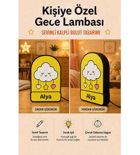 Kişiye Özel İsimli Kalpli Bulut Gece Lambası Sıcak Işıklı Çocuk ve Bebek Odası Dekoru