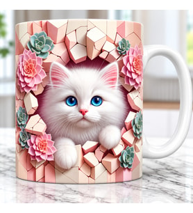 3D Efektli Beyaz Kedi Desenli Pembe Sukülent Çiçekli Hediyelik Porselen Kupa Bardak