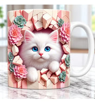 3D Efektli Beyaz Kedi Desenli Pembe Sukülent Çiçekli Hediyelik Porselen Kupa Bardak