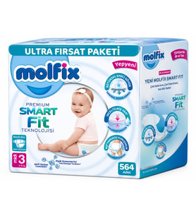 Molfix Premium Smart Fit Bebek Bezi 3 Beden 4-9 KG Midi 564 Adet Ekstra Ultra Fırsat Pk