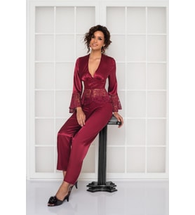 Saten Dantelli Pijama Takımı  (Bordo)