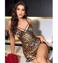Amora Secret Leopar Desenli Sırt Çapraz Askılı Saten Mini Gecelik