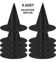 8 Adet Siyah Cadı Şapkası – Yetişkin &amp;amp;amp; Çocuk Kostüm Aksesuarı (5680)
